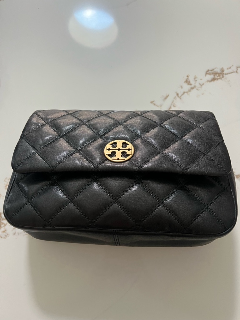 Tory Burch Black Quilted Leather Fold-Over Clutch with Gold Logo